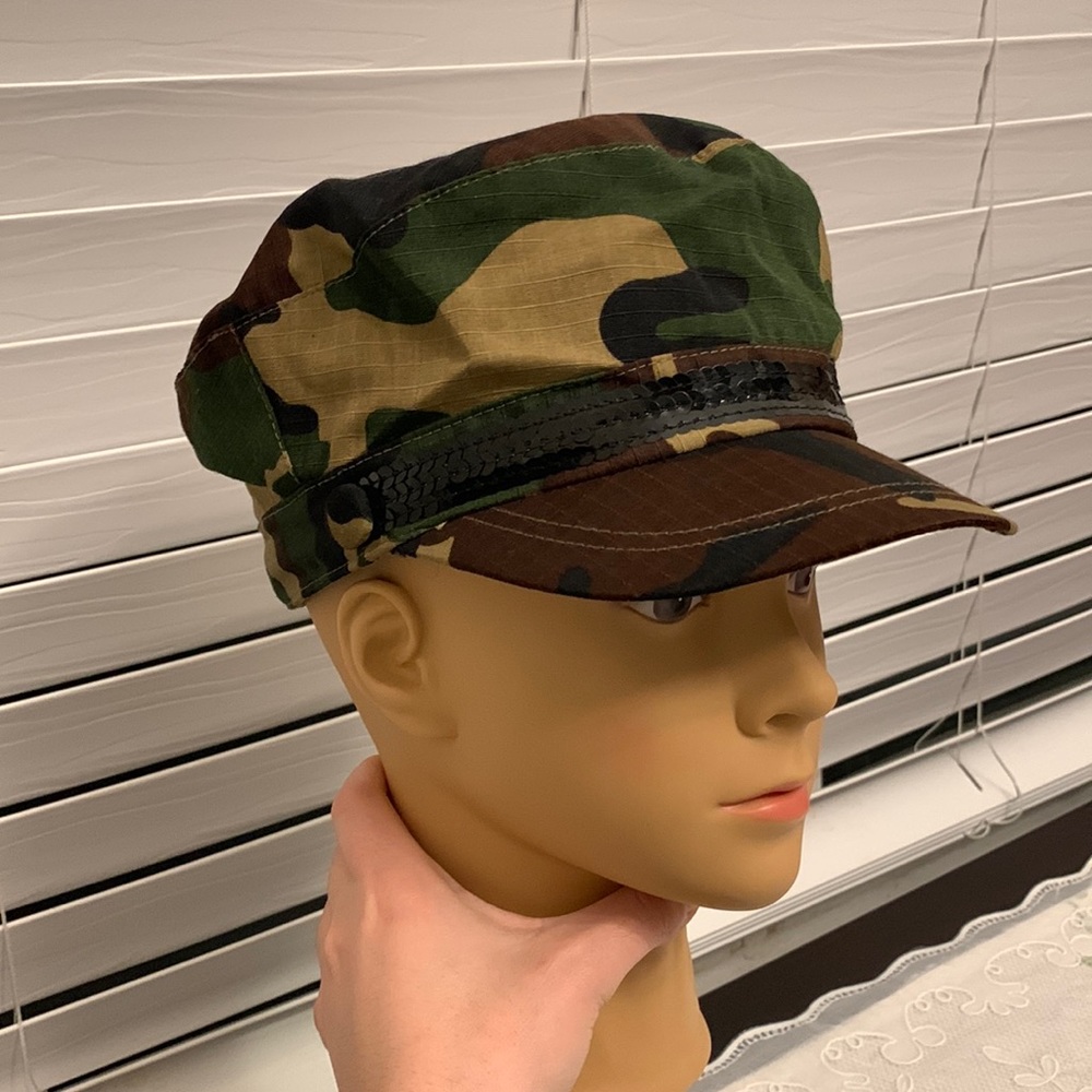 Army / Camo Print Cap / Hat with Black Sequin Front